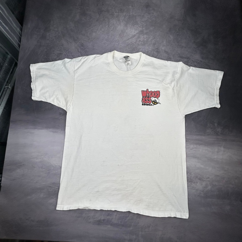 Vintage 90s Whoop Ass Inc Graphic T Shirt Mens XL White Skater Streetwear Boxy - Picture 2 of 8